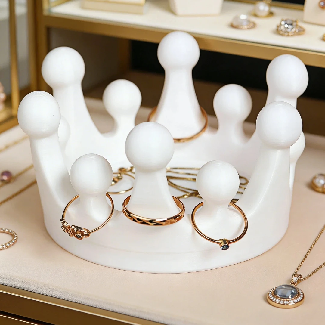 Crown Ring Stand, Multi Slots Ring Display Organizer, White Plastic Jewelry Holder for Rings, Earrings, Small Accessories