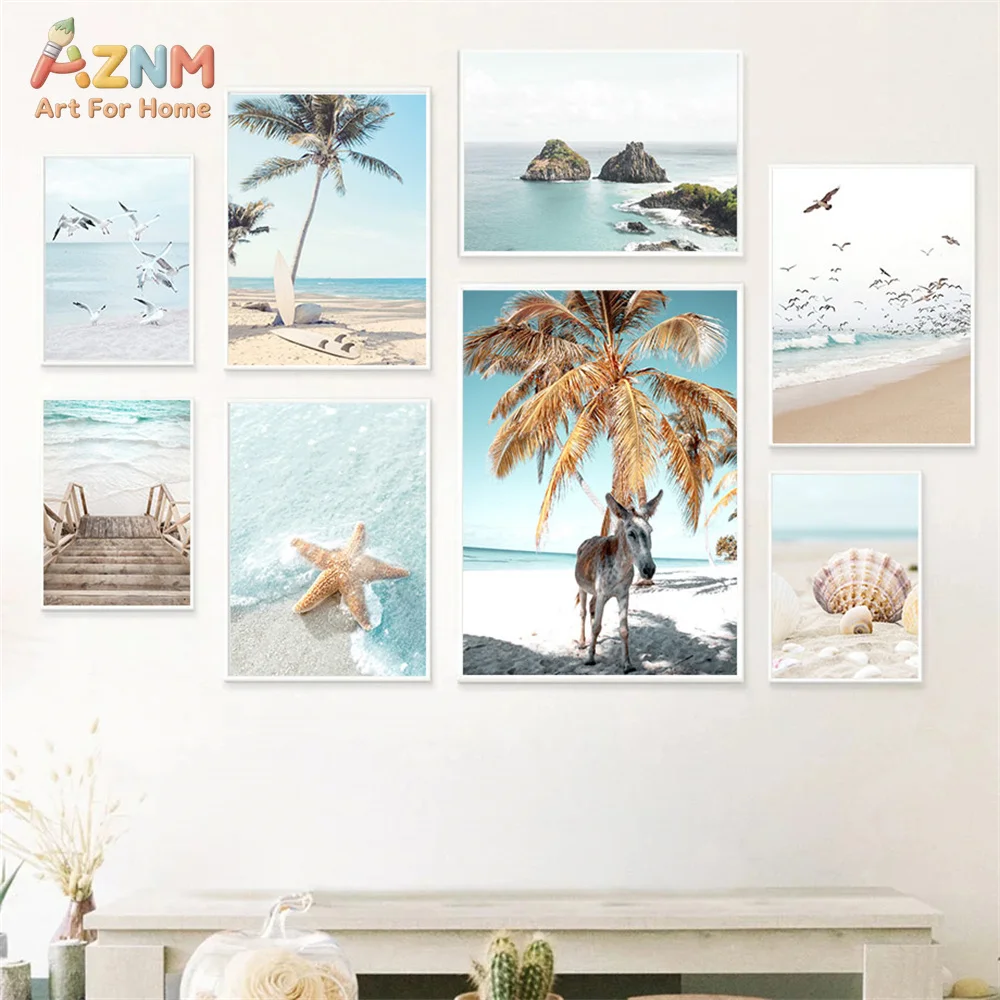 AZNM Tropical Beach Seaside Canvas Wall Art Palm Tree Starfish Seashell Seagull Ocean Landscape Print Coastal Home Decor