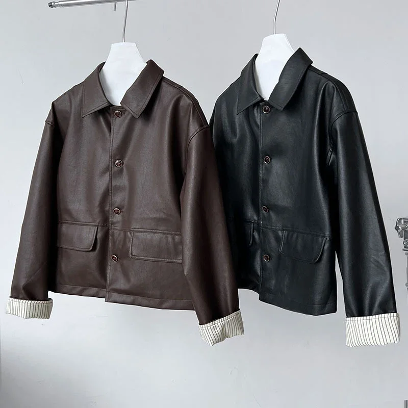 Autumn New Vintage Coffee Color Short Faux Leather Coat Women Lapel Single-Breasted Long Sleeve Biker Jackets Female Streetwear