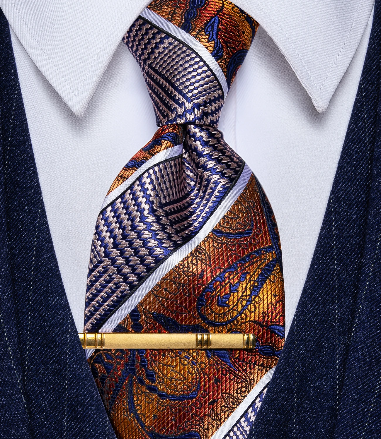 Gold White Blue Paisley Men's Tie Silk Luxury Necktie with Set for Man Wedding Business Party corbatas para hombre Dropshipping