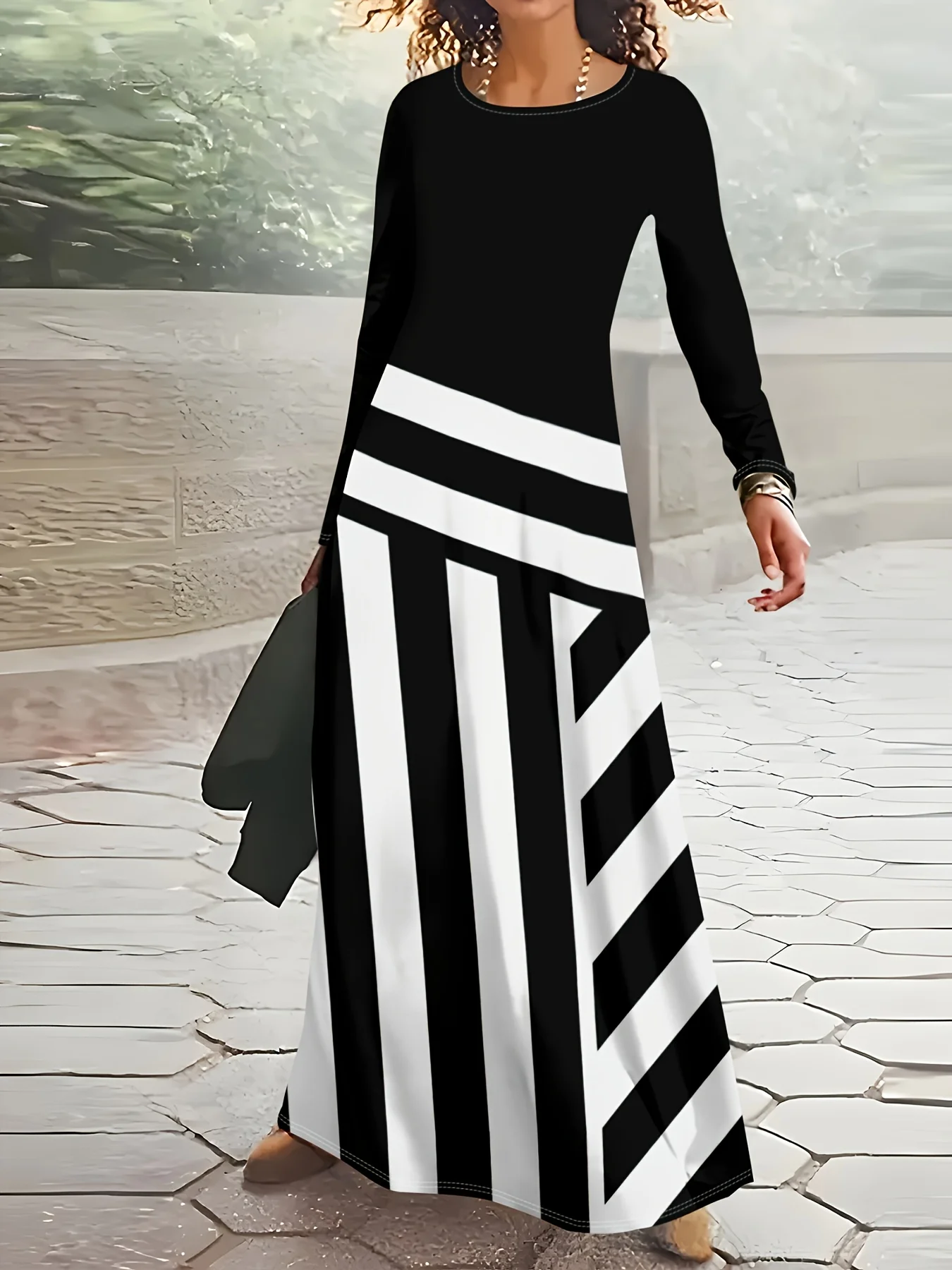 Printed Design Women Contrast Stripe Print Long Sleeve Casual Maxi Dress