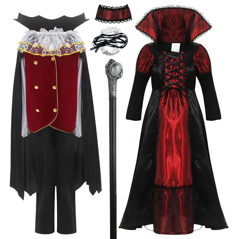 Kids Girls Cosplay Halloween Black Ghost Bride Prince Vampire Stand-Up Collar Costumes Kids Boys With Cape Party Witch Clothes