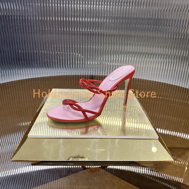 

Summer Sparkling Crystal Embellished Cross Strap Stiletto Slippers Sexy Peep Toe Fashion Versatile Dinner Event Roman Slippers