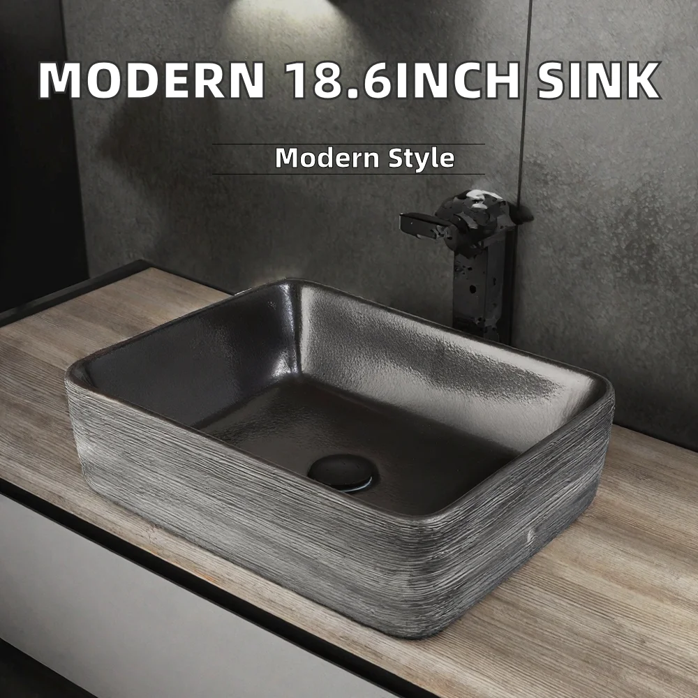 Modern 18.6-Inch Rectangular Ceramic Porcelain Black Sink Basin Drainer Eco-Friendly Stone Countertop For Bathroom Water