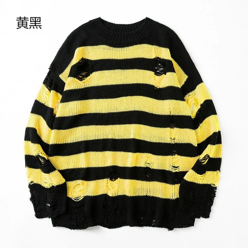Men's Men's Couple Hole Knitwear Japanese Loose Slouchy  Knit Crew Neck Intercolour Sweater Warm Cold Protection Winter