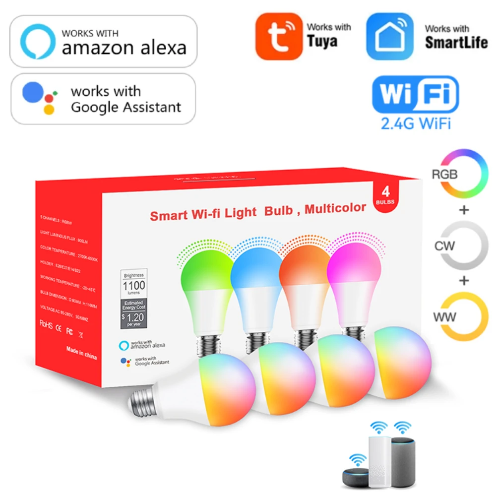 

E27 Tuya WiFi Smart Bulb LED Lights RGB CW WW Dimmable Lamp 85-265V Timer Voice Control Smart Light Works With Alexa Google Home