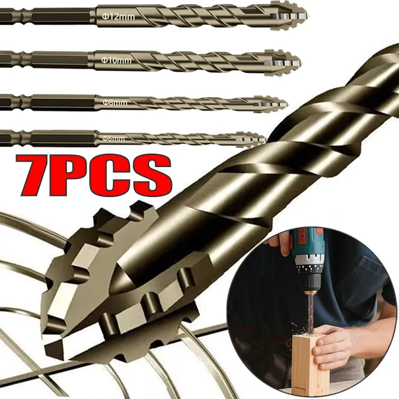 Four-edged Sawtooth Alloy Drill Bit for Glass Ceramic Concrete Wood Drilling Tools Cross Hexagon Serrated Drill Bits Set