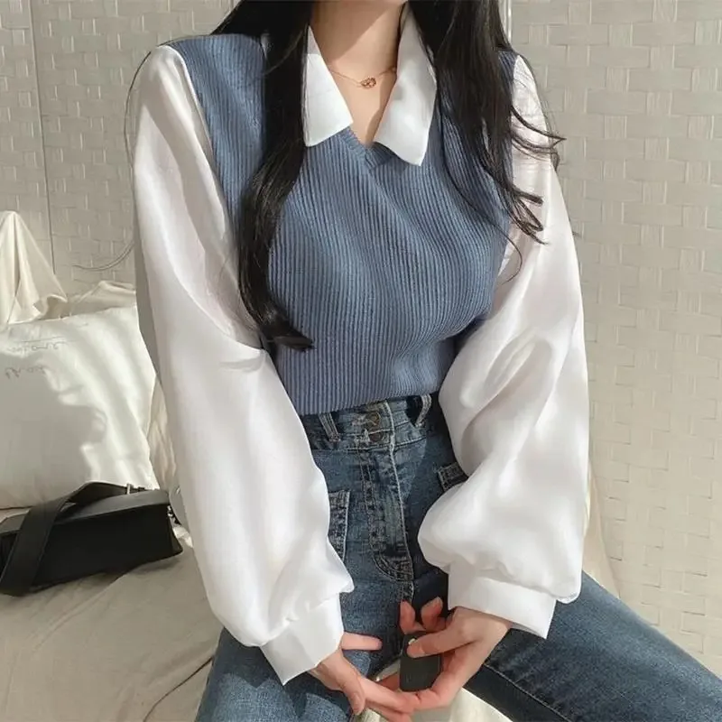 Women's Blouses Trend 2024 False Two-piece Polo Collar Shirt Korean Reviews Clothes Loose Female Pullovers Elegant Streetwear