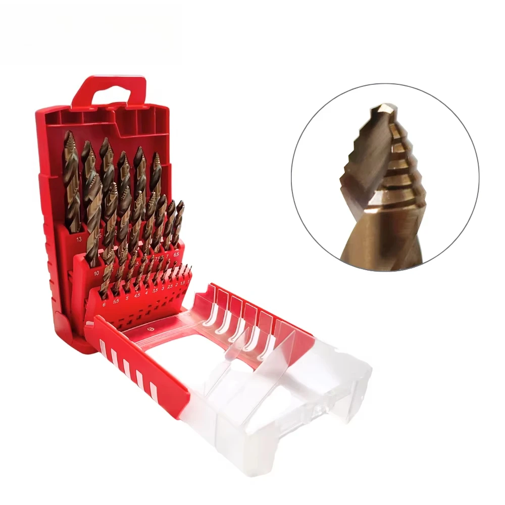 

25PCS Stepped Point Cobalt Drill Bit Set, 1- 13mm DIN338 Heavy Duty M35 HSS Co5% Fast Drilling for Stainless Steel Metal Sheet