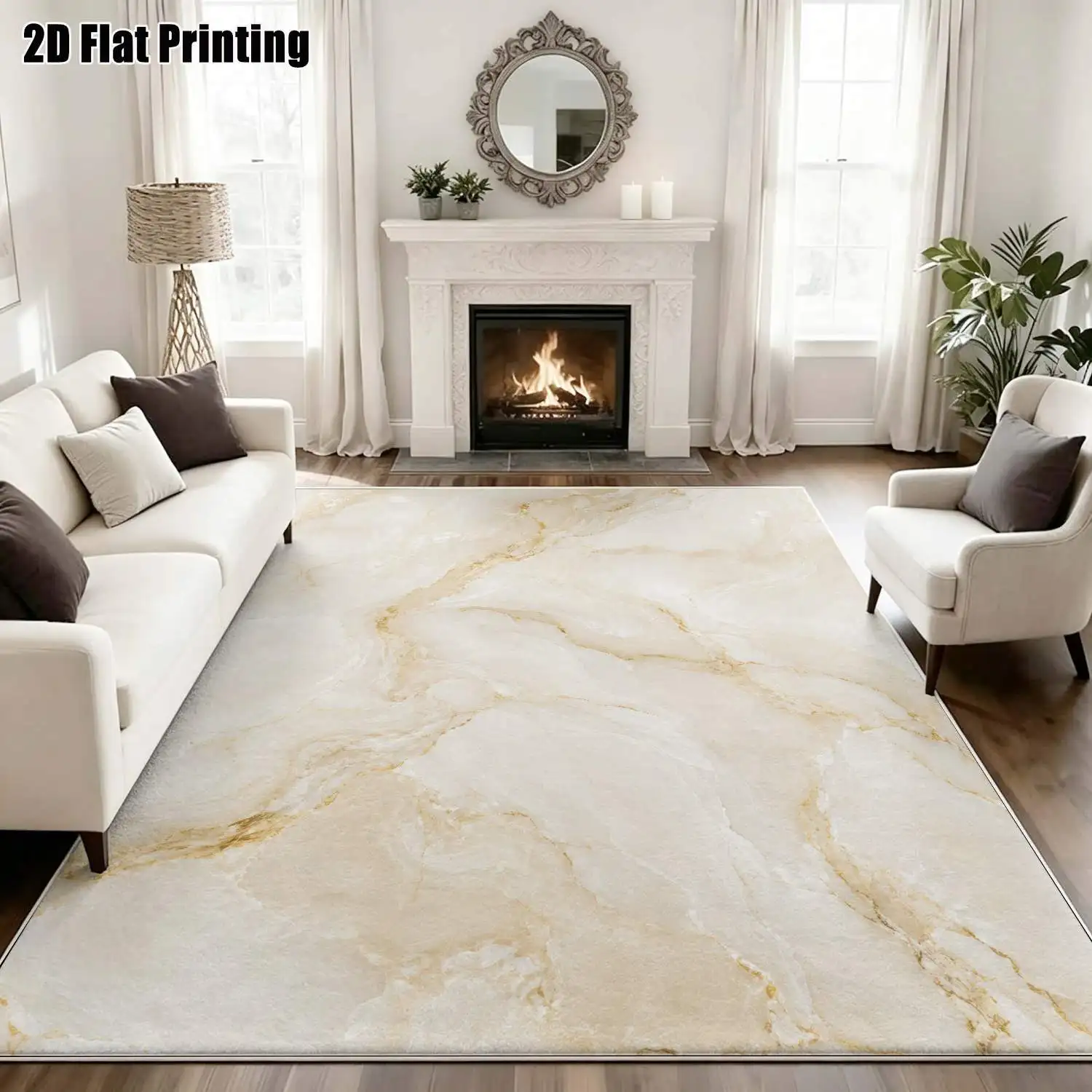 1Pc 2D Printed Velvet Carpet, Beige Marble Texture, Nordic Modern Minimalist Style, Multi-Size Washable Floor Mat for Home Decor, Multi-Scene Use