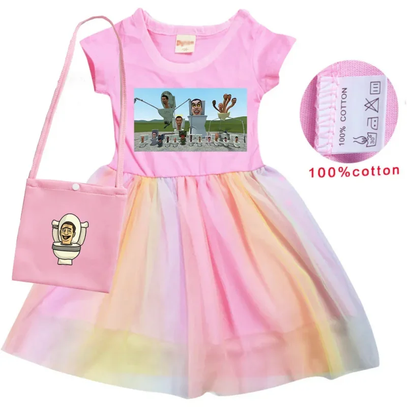 2-10Y Graphic SKIBIDI TOILET Clothes Baby Girls Princess Dresses With Small Bag Kids Cartoon Camcorder Man Wedding Party Dress C