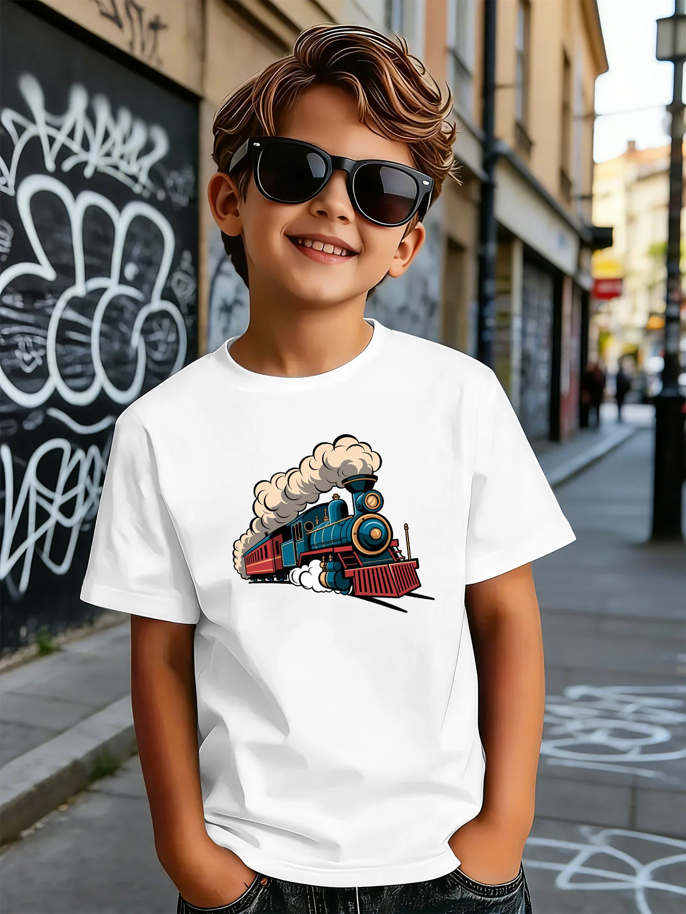 Vintage Steam Locomotive Cartoon Print Kids T Shirt Boys Girls Short Sleeve Crew Neck Cotton Vehicle Parent Child Matching Tees