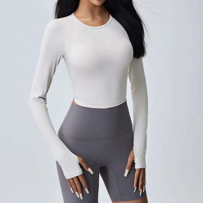 Women Slim Fit Long Sleeve Crop Sport Top Cut Out Back Fixed Cups Stretchy Breathable Yoga Pilates Fitness Workout