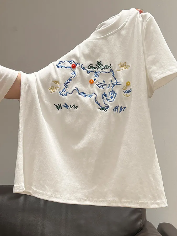 Korean Style Casual Loose Short Sleeve Women's T-Shirt Embroidered Slimming  Summer New Fashion Versatile Cotton Top
