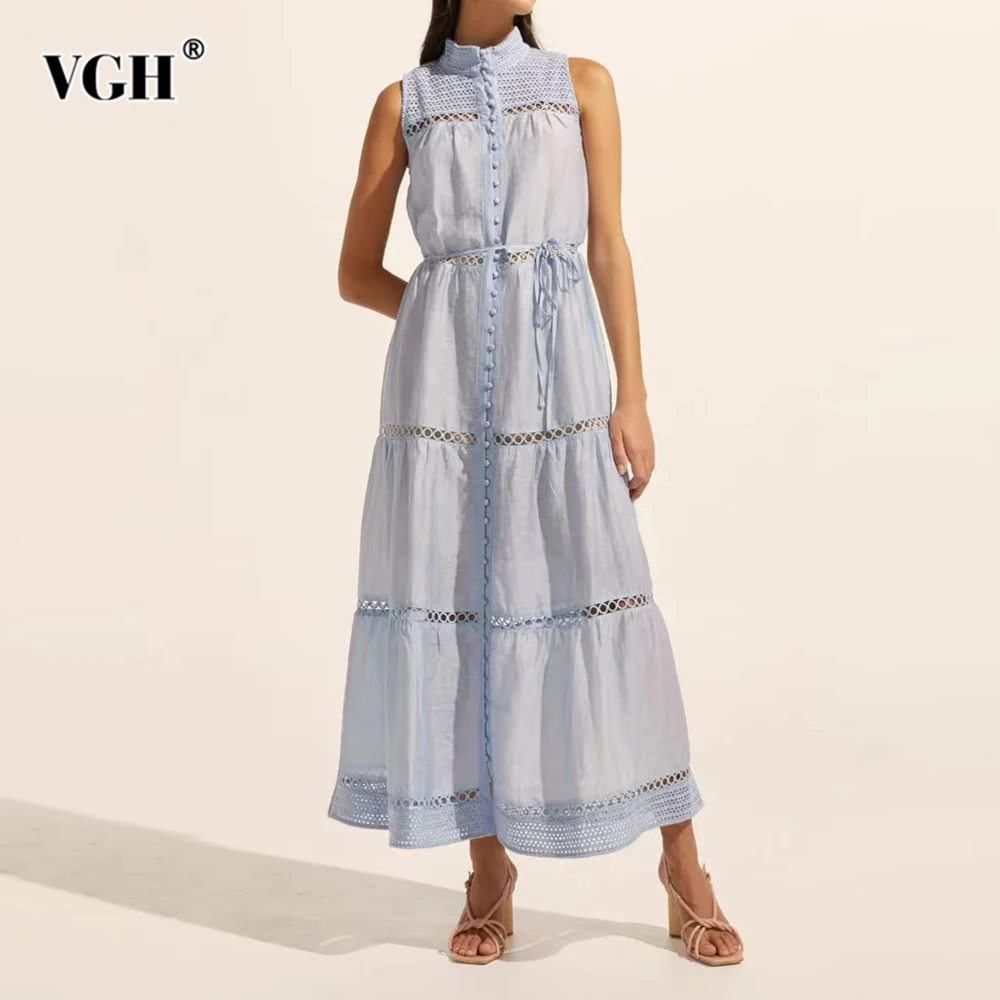 

VGH Casual Vacation Spliced Lace Up Dresses for Women Stand Collar High Waist Patchwork Single Breasted Hollow Out Dress Female