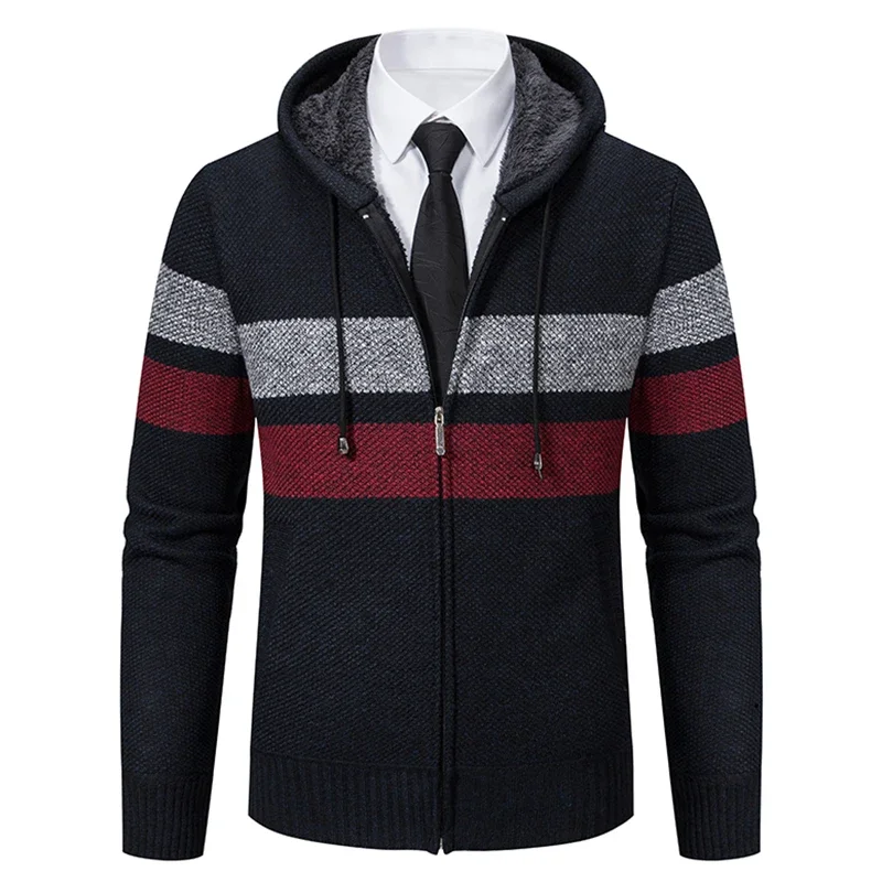 

Men's Striped Cardigan Winter Sweater Fleece Jumper Hooded Clothes Harajuku Windbreaker Korean Knit Jacket Coat JJ947