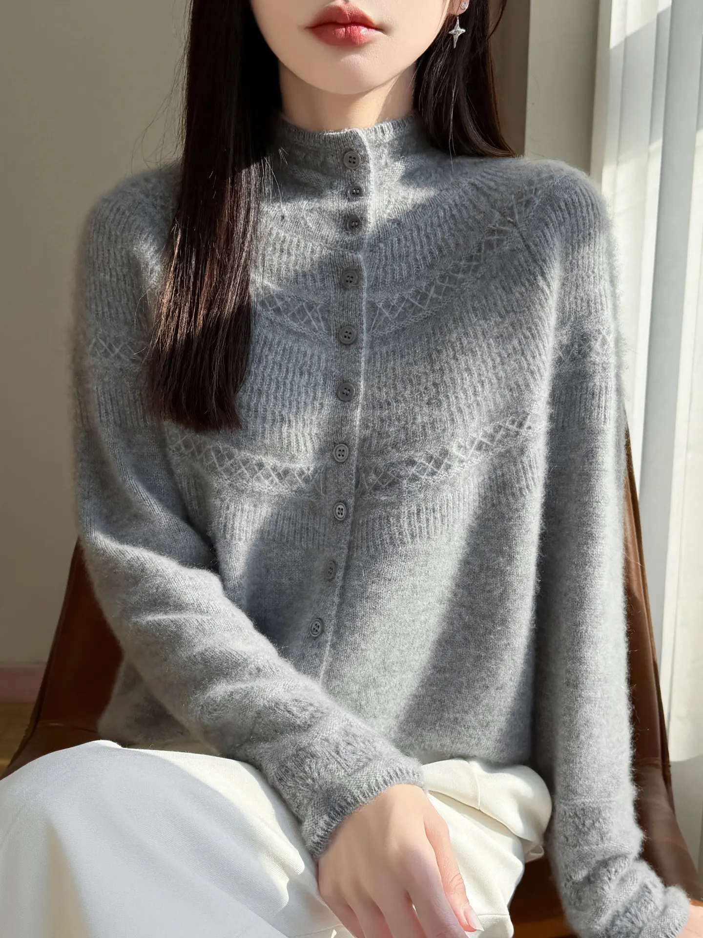 

Soft Knitted Floral Embroidery Stand Collar Open Cardigan Women's Fashionable Outerwear Warm Base Shirt Sweater Coat