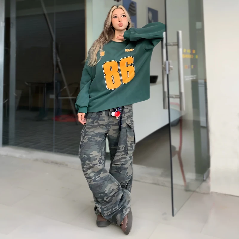 American Street Style Large Pocket Camouflage Denim Cargo Pants Vintage Loose Wide Leg Slimming Casual Jeans Trend