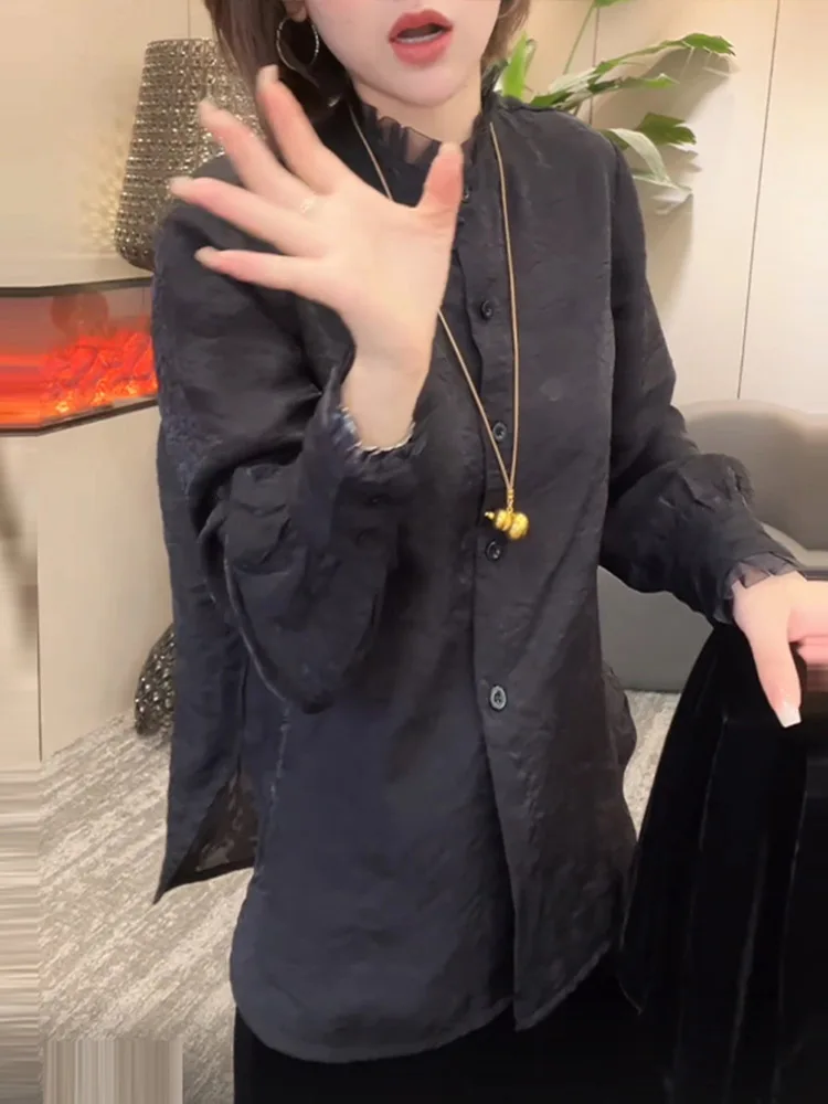 

Unique Beautiful Long Sve Blouse Women's Gored Hem Lace Collar irt Autumn New Sle Folded Tummy Covering Top Faionable