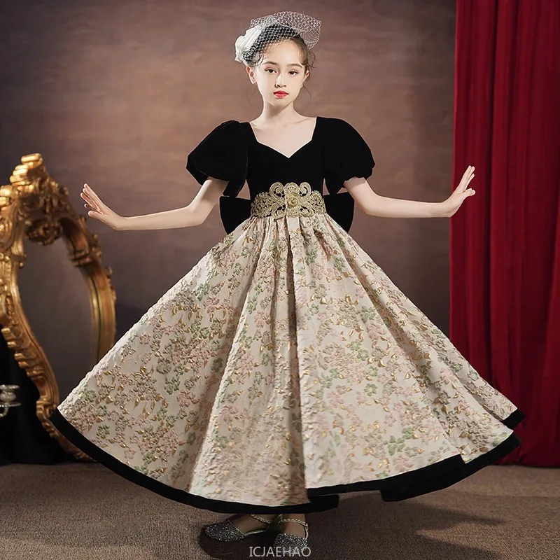 

2025 Girls Luxury Black Velvet Princess Dress Piano Recital Luxury Pageant Host Gown Pageant Formal Events Birthday Party Wear