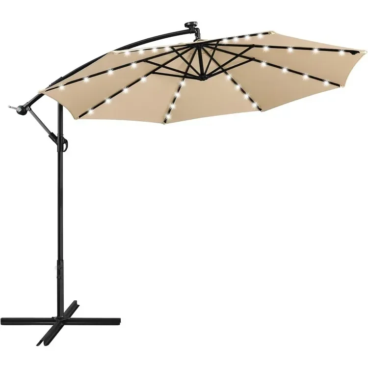 10FT Solar Offset Umbrella with 32 LED Lights Cantilever Hanging Outdoor Umbrellas Handy Crank & Cross Base for Lawn/Deck