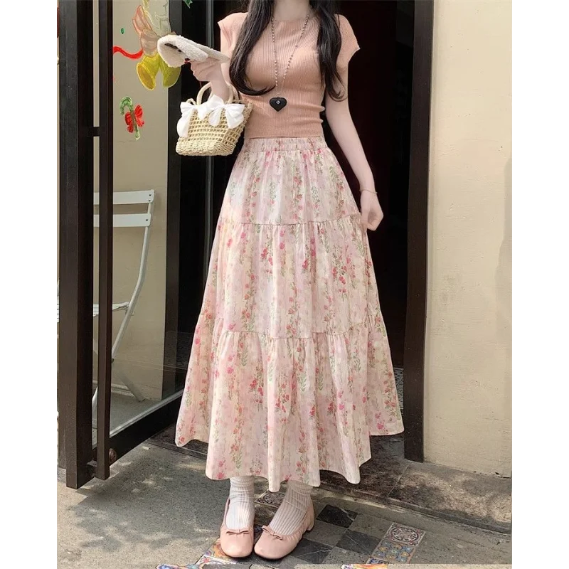 레트로 플로럴 플리츠 스커트 여성용 신상품 신축성 있는 허리 슬림 A라인 미디길이 큰 스윙 우산 스커트