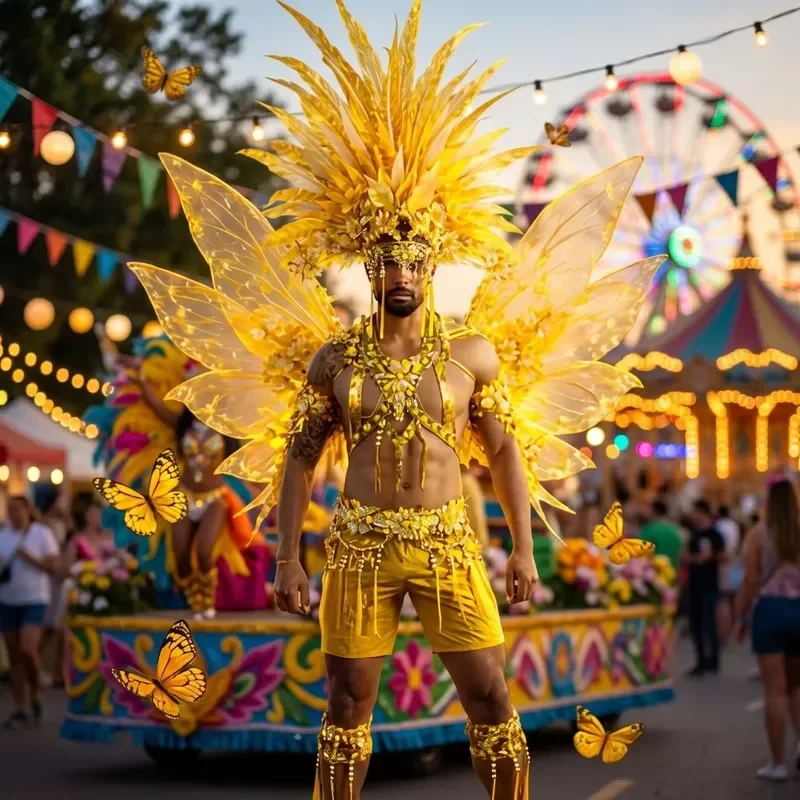 Luxury Men's Golden Orgy Samba Costume Large Yellow Feather Headdress Butterfly Wings Suit Stage Performance Parade Costume