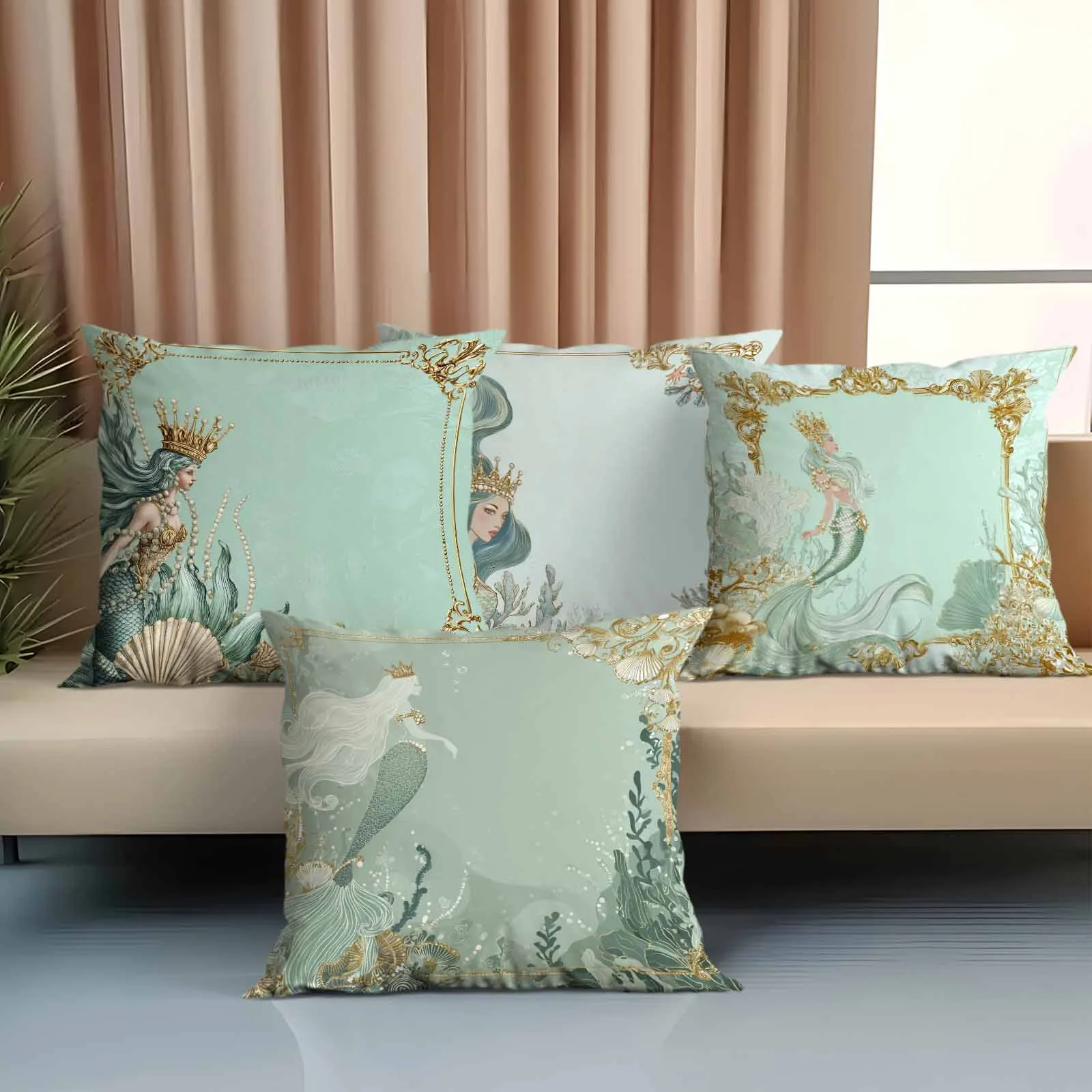 

Элегантная наволочка на тему русалки - мятно-зеленая и золотая наволочка с подводным принтом для дивана, спальни, гостиной