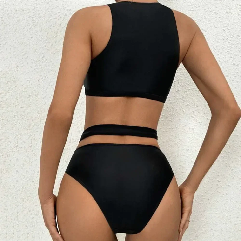 Black High Waisted Bikini Set Cross Bandage 2025 Sexy Swimsuit Women Mesh Patchwork Swimwear Hollow Out Bathing Suit Bikinis