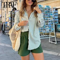 TRAF Women's Shirts & Blouses 2024 Spring Summer Autumn Long Sleeve Striped Shirts Ladies Fashion Casual Office Green Shirts