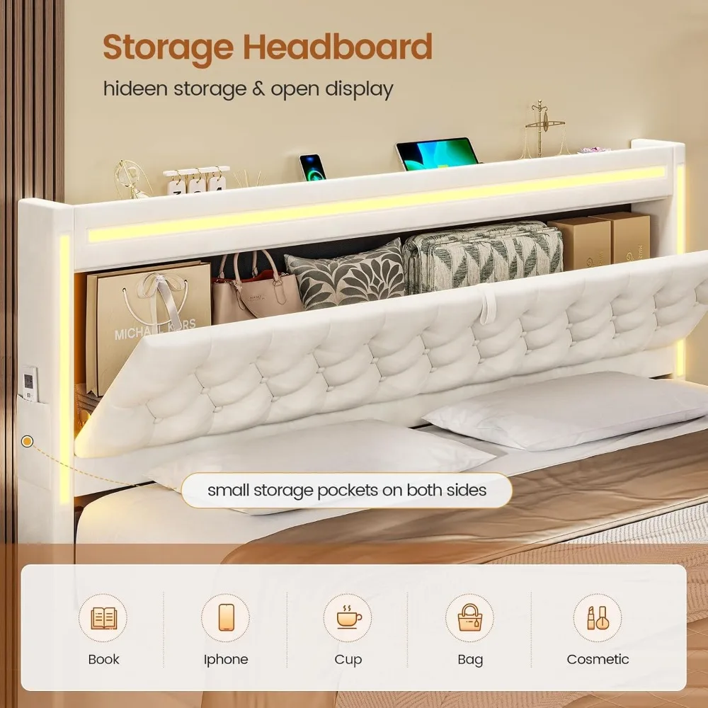 إطار سرير منجد بإضاءة LED مقاس كينج مع 3 أدراج تخزين، لوح رأسي للتخزين المخفي مع محطة شحن، زر مخملي معنقدة #4