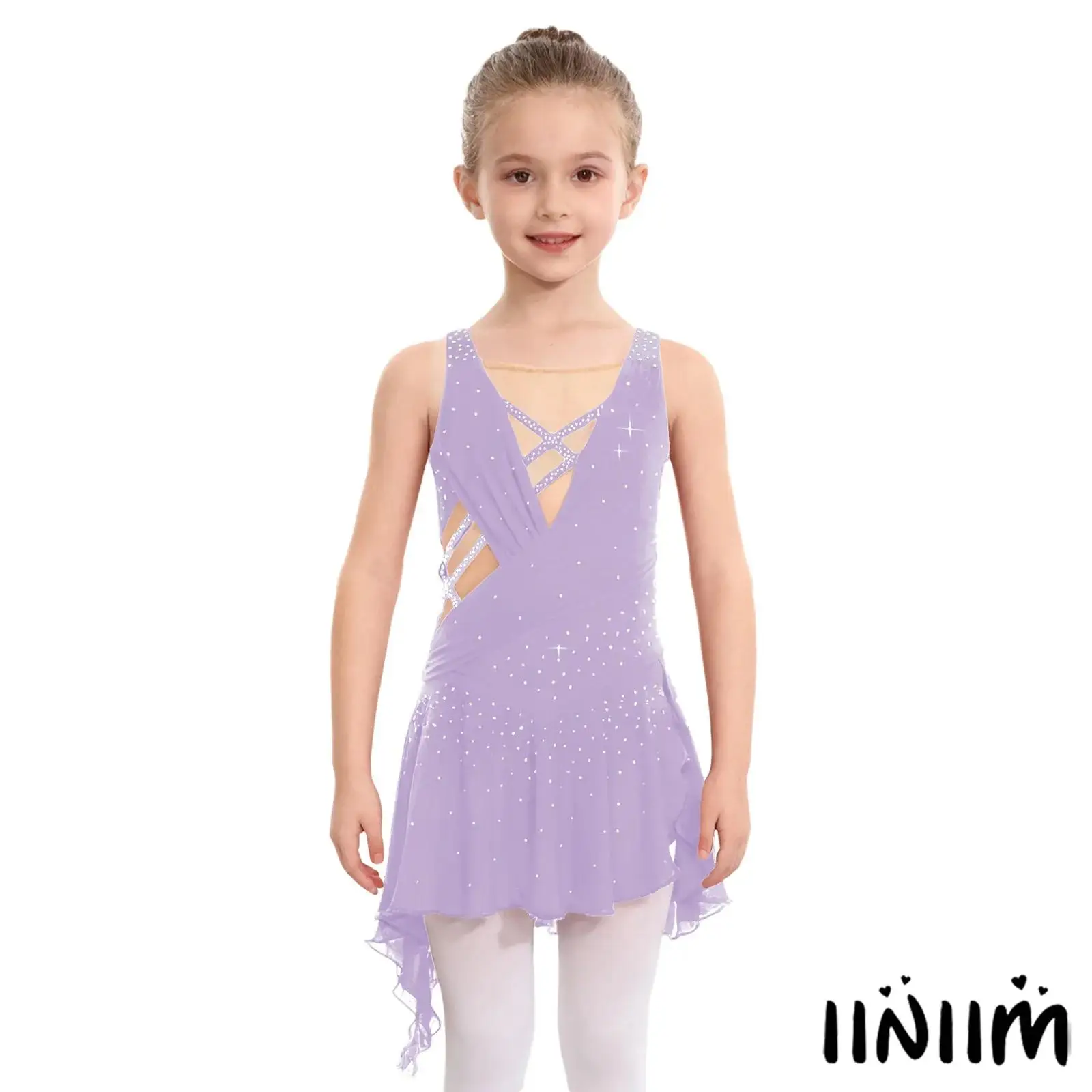 

Kids Girls Gymnastics Modern Dance Dress Sheer Mesh Patchwork Sleeveless V-Back Side Slit Dress For Ballet Ballerina Dance Dress