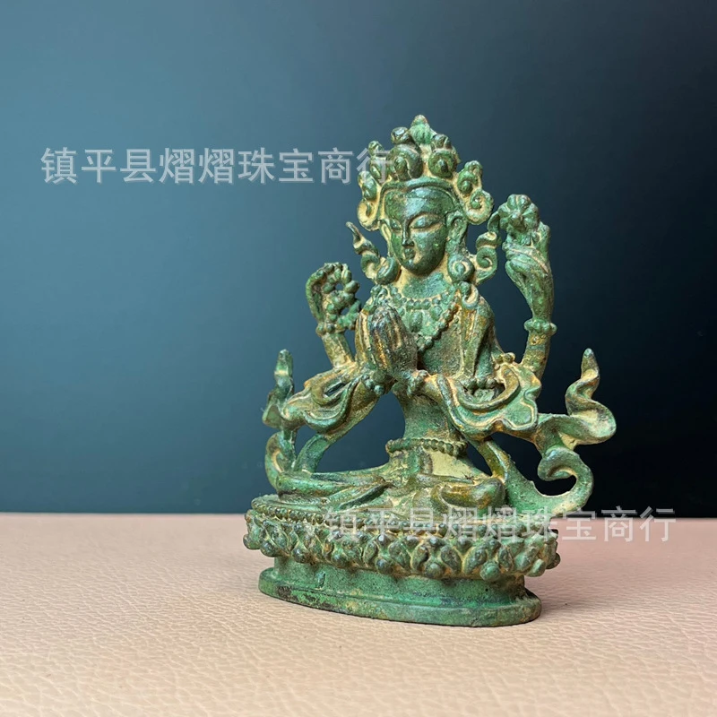 Antique Bronze Four-Armed Guanyin Bodhisattva with Green Patina, Tibetan Tantric Buddha, Home Decoration for Wealth and Fortune