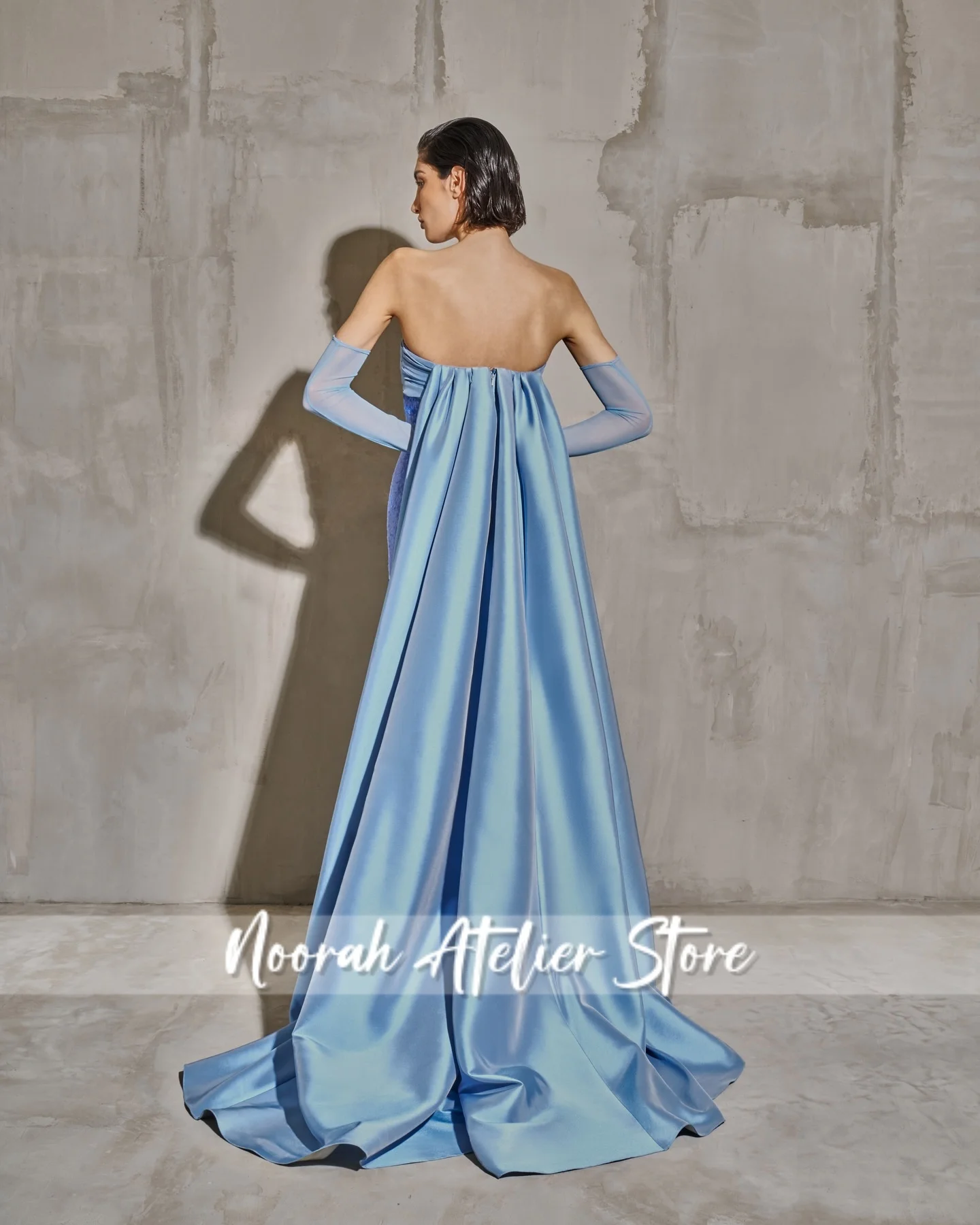 Brilhante azul sem alças de luxo alta qualidade vestidos de noite femininos 2025 com luvas trem cetim festa casamento vestido longo personalizado