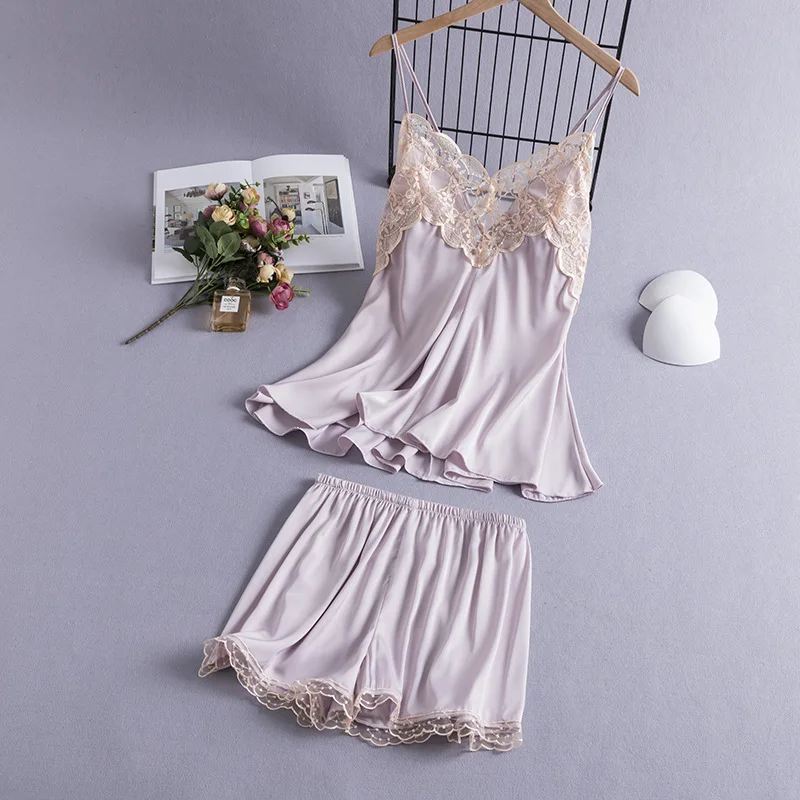 Women Suspender Pajamas Set New Summer Sleepwear Sexy Patchwork Lace Strap Top&Shorts Intimate Lingerie Thin Rayon Home Clothes