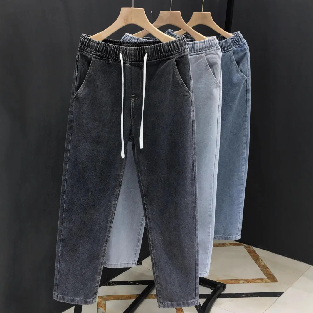 Celana Jeans Pria Pinggang Elastis Model Dstring Musim Panas, Potongan Lurus Longgar Sembilan Perempat, Trendi, Kaki Lebar, Kasual