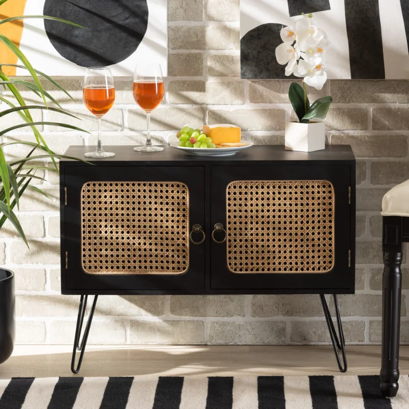 

Davion Mid-Century Modern Espresso Brown Finished Wood and Black Metal 2-Door Sideboard Buffet with Rattan