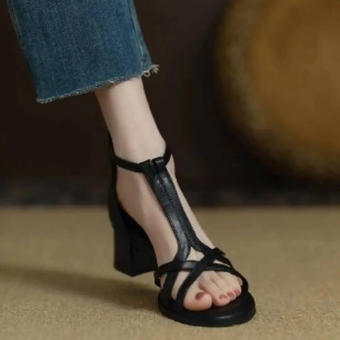 2025 Summer High Heel Sandals Women's Mid Heel Cross Strap Open Toe Sandals Soft Leather British Style Chunky Heels image 6