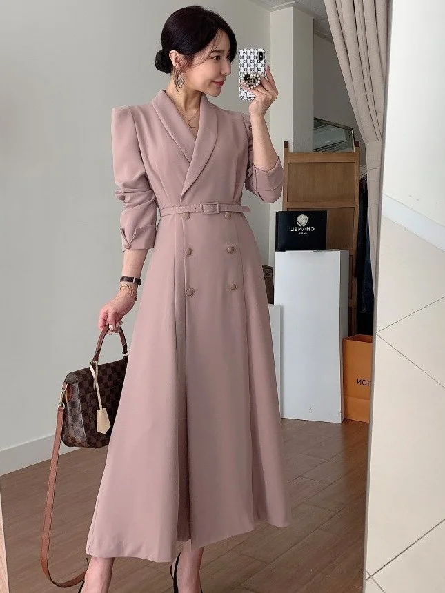 

Ele Spring Long Coat Sle Dr Chic Double Breasted Pure Color Suit Collar Waist Cinched Wrap Dr for Women