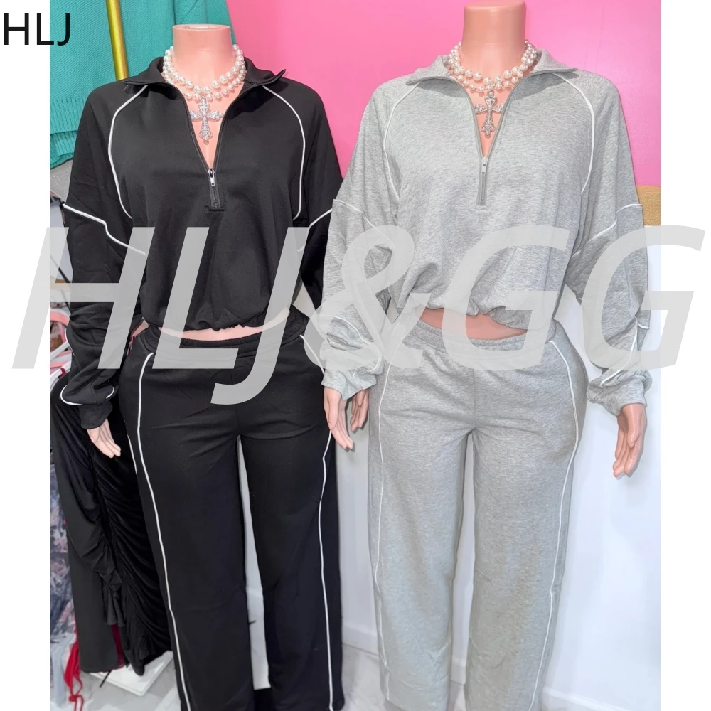 

HLJ Осенние новые повседневные однотонные спортивные комплекты из двух предметов, женский укороченный топ на молнии с длинными рукавами и брюки для бега, женская уличная одежда