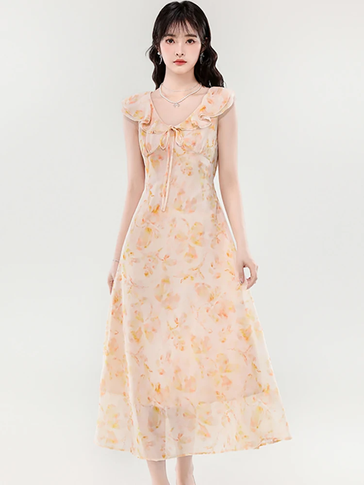 Vestido largo bohemio Floral de gasa con lazo y volantes para mujer, vestido largo elegante de lujo para Festival, vestidos informales ajustados coreanos 2025