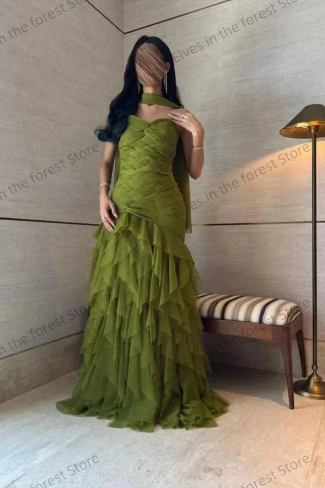 Robes de soirée arabes vertes simples, ligne A plissée, sans manches, robes de bal pour femmes, à volants formels, robes d'invitées de mariage personnalisées