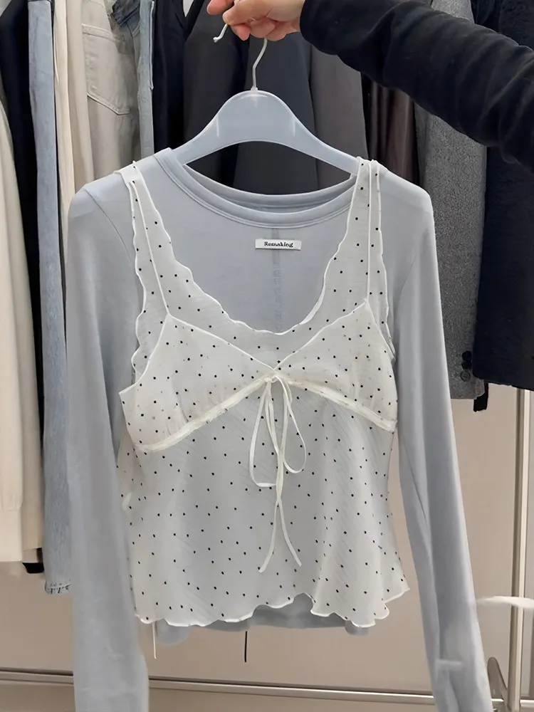 

Women's Polka Dot V-Neck Long Sleeve T-Shirt Set Spring New Style Fashionable Layered Top Bottoms Outfit Two-Piece Suit