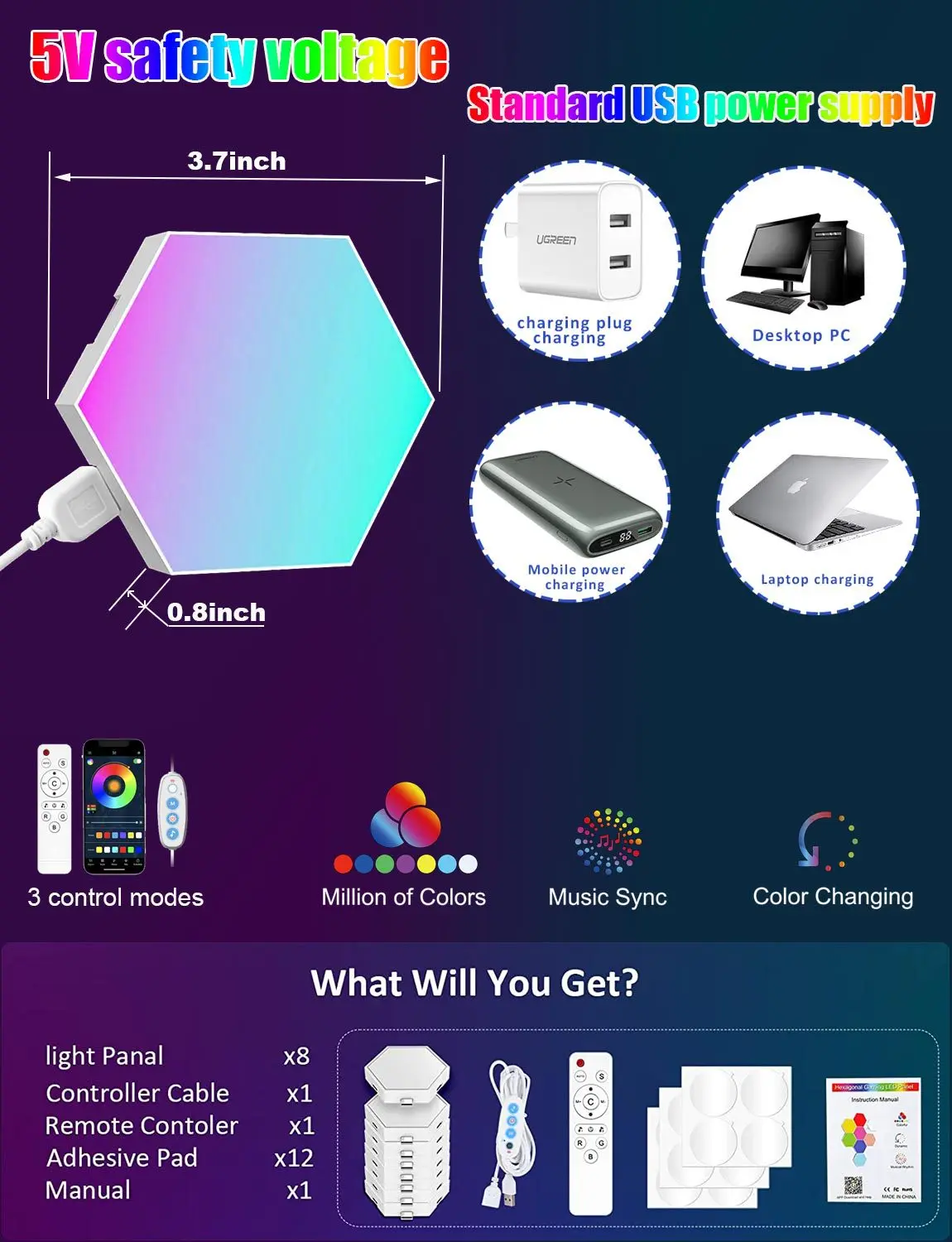 USB RGB LED Hexagon Light Smart Indoor Wall Light APP Remote Control Night Light Computer Game Room Decoration Bedroom Bedside - view 6