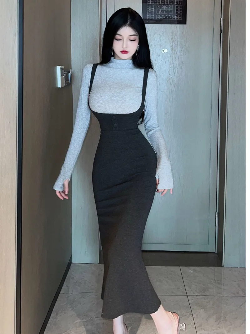 2023 Spring Autumn Women\'s Mature Sexy Spicy Girl Long Sleeve Knitted Top Slim Wrap Hip Half Dress Fashion Two Piece Set 0GKC