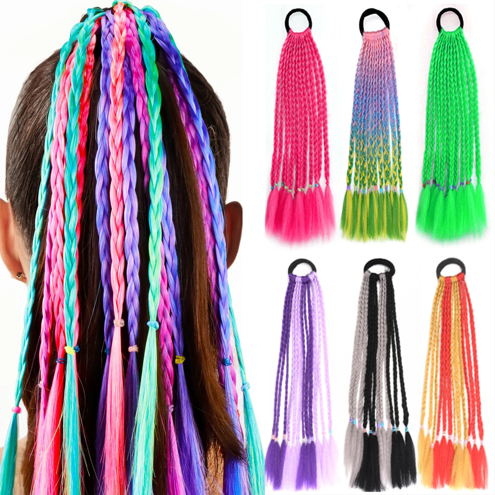 Synthetic Rainbow Color Braided Ponytail For Girls Hair Elastic Rubber Band 24inch Kids Box Pigtail Pony Tail Hair Extensions