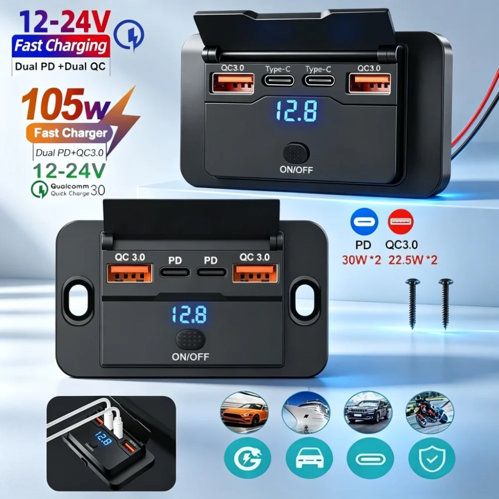 Adaptador Carregador Rápido para Carro com 4 Portas PD QC3.0 e Display de Voltagem com Interruptor Touch para 12V-24V, Ônibus, Trailer, Barco, ATV