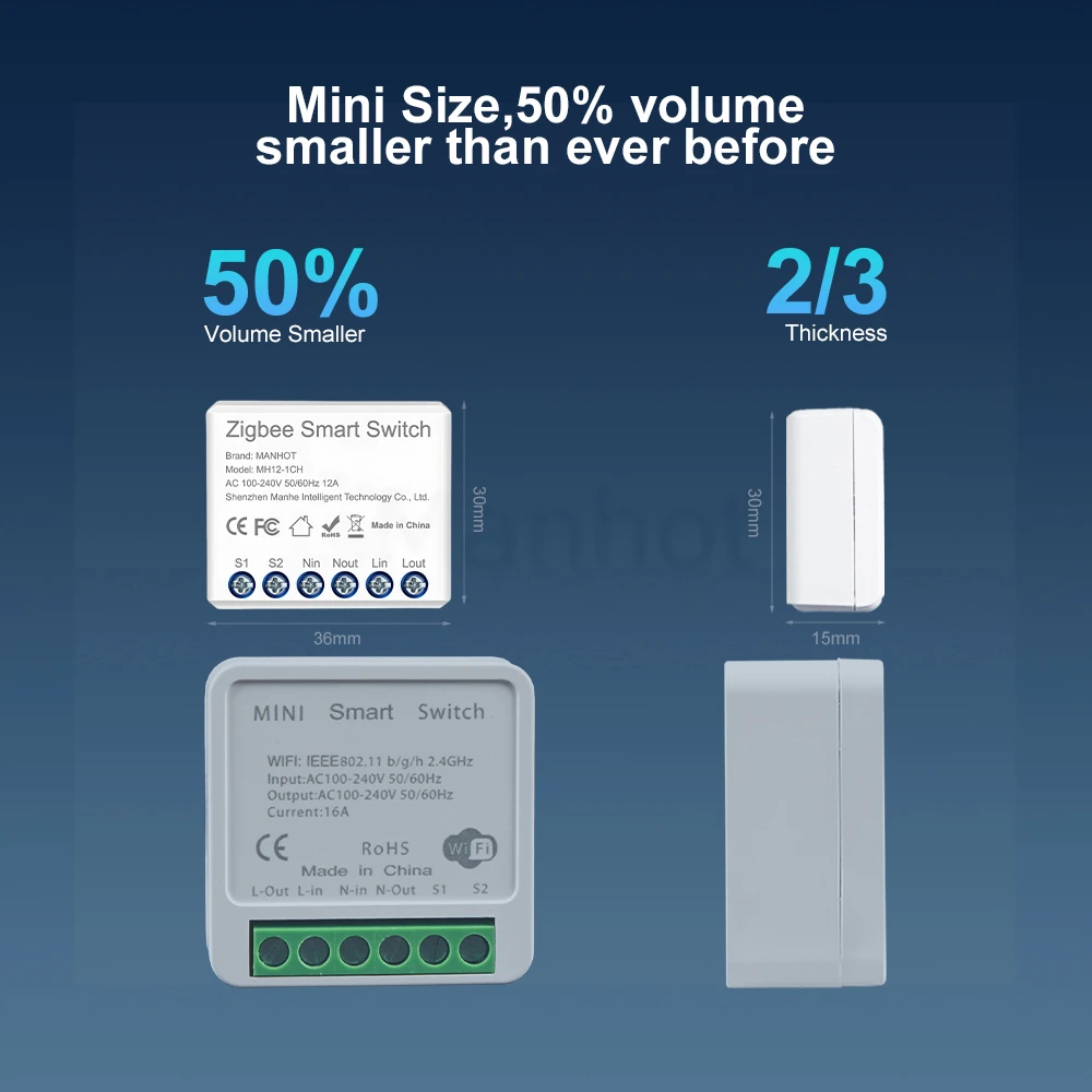 MANHOT Zigbee3.0 Mini Light Smart DIY Switch 2Way 12A Module Control Smart Relay Automation Breaker Works With Tuya Google Home