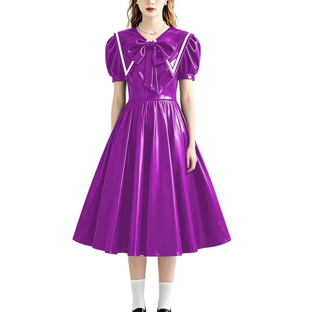 

Retro Style Shiny PU Leather Sailor Dress Big Bow Collar Short Puff Sleeve A-line Midi Dress Plus Size Role Play Party Outfit