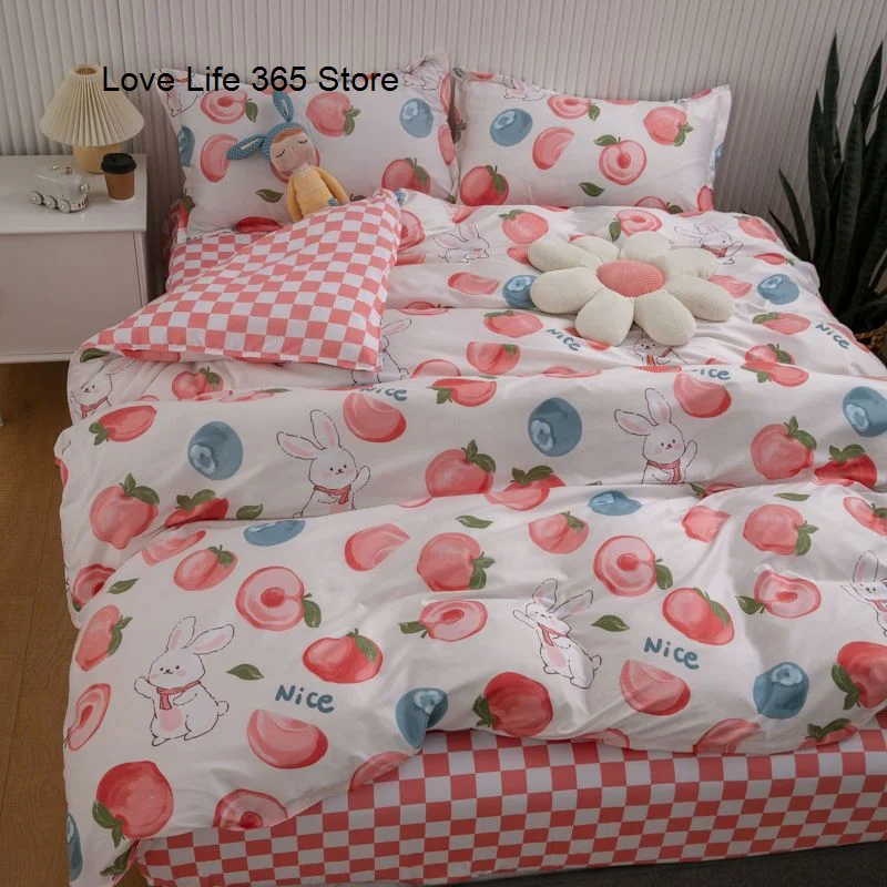 

Ins Pink Peach Quilt Cover Double-sided Checkerboard Pattern Cartooon Cute Rabbit Bedding Dormitory Sheet With Pillowcase